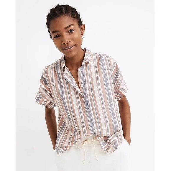 Madewell Central Shirt Womens Medium Striped Short Sleeve Button Down Blouse - Picture 2 of 6